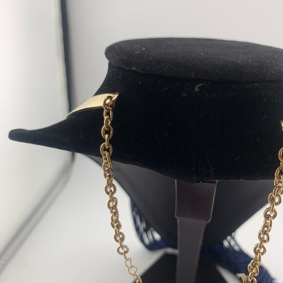 Gold Tone Collar Necklace with Blue Fringe - Picture 3 of 8